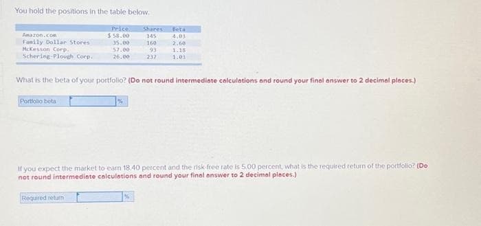 You hold the positions in the table below.
Amazon.com
Family Dollar Stores
McKesson Corp.
Schering-Plough Corp.
Portfolio bota
Price.
$58.00
35.00
57.00
26.00
Required return
Shares
145
160
93
237
What is the beta of your portfolio? (Do not round intermediate calculations and round your final answer to 2 decimal places.)
Beta
4.03
2.60
1.18
1.03
If you expect the market to earn 18.40 percent and the risk-free rate is 5.00 percent, what is the required return of the portfolio? (Do
not round intermediate calculations and round your final answer to 2 decimal places.)