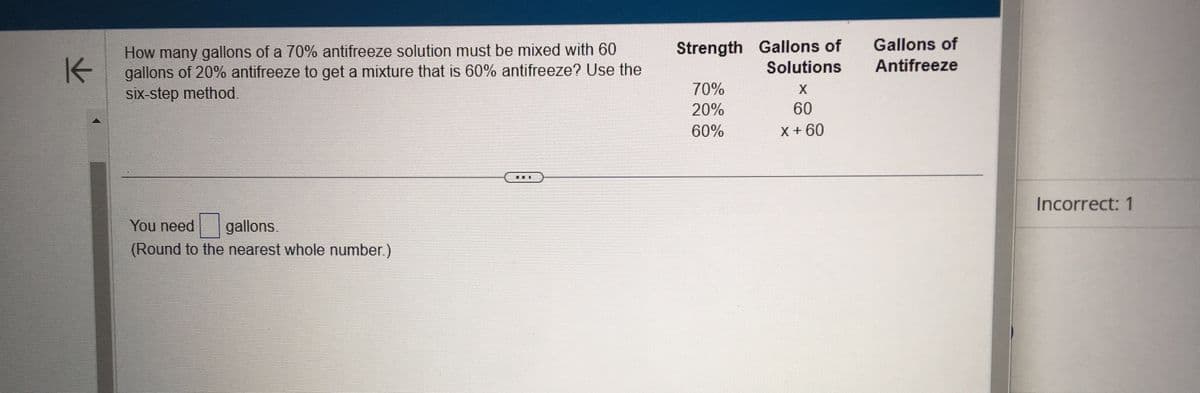 K
How many gallons of a 70% antifreeze solution must be mixed with 60
gallons of 20% antifreeze to get a mixture that is 60% antifreeze? Use the
six-step method.
You need gallons.
(Round to the nearest whole number.)
Strength Gallons of
Solutions
X
60
X + 60
70%
20%
60%
Gallons of
Antifreeze
Incorrect: 1