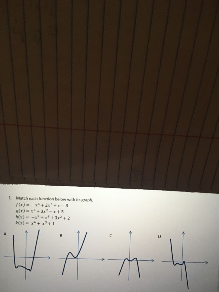 1. Match each function below with its graph.
f(x) = -x* + 2x² + x – 8
g(x) = x³ + 3x² – x + 5
h(x) = -x5 + x* + 3x² + 2
k(x) = x6 + x3 +1
A
D
