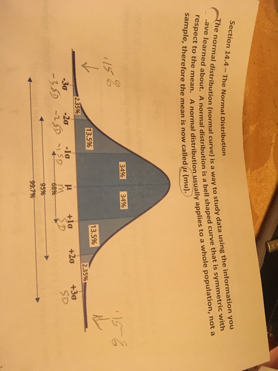 Section 14.4- The Normal Distribution
The normal distribution (normal curve) is a way to study data using the information you
.ave learned about. A normal distribution is a bell shaped curve that is symmetric with
respect to the mean. A normal distribution usually applies to a whole population, not a
sample, therefore the mean is now called u (mu).)
34%
34%
8
115
✓
2.35%
-30
-35D
13.5%
-20
-10
-250-150
m
68%
95%
99.7%
13.5%
+10
SD
+20
2.35%
+30
SD