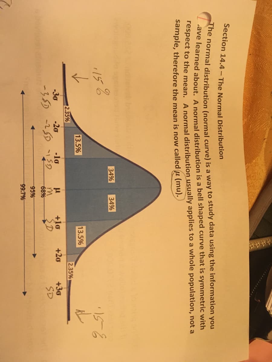 Section 14.4- The Normal Distribution
The normal distribution (normal curve) is a way to study data using the information you
ave learned about. A normal distribution is a bell shaped curve that is symmetric with
respect to the mean. A normal distribution usually applies to a whole population, not a
sample, therefore the mean is now called u (mu).
34%
34%
158
2.35%
-30
-20
-10
-35D -25D ISD
13.5%
μ
M
68%
95%
99.7%
13.5%
+10
SD
916 16dw
+20
2.35%
+30
SD
F5