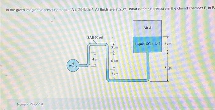 In the given image, the pressure at point A is 29 lbf/in2. All fluids are at 20°C. What is the air pressure in the closed chamber B, in Pa
Numeric Response
Water
SAE 30 oil
4 cm
3 cm
6 cm
3 cm
Air B
Liquid, SG= 1.45
5 cm
8