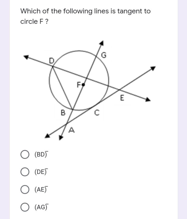 Which of the following lines is tangent to
circle F ?
F
B
O (BD)
O (DES
O (AES
O (AG)
