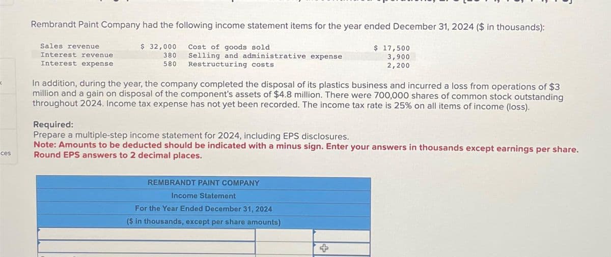 ces
Rembrandt Paint Company had the following income statement items for the year ended December 31, 2024 ($ in thousands):
Cost of goods sold
Sales revenue
Interest revenue
Interest expense
380 Selling and administrative expense
580 Restructuring costs
$ 17,500
3,900
2,200
$ 32,000
In addition, during the year, the company completed the disposal of its plastics business and incurred a loss from operations of $3
million and a gain on disposal of the component's assets of $4.8 million. There were 700,000 shares of common stock outstanding
throughout 2024. Income tax expense has not yet been recorded. The income tax rate is 25% on all items of income (loss).
Required:
Prepare a multiple-step income statement for 2024, including EPS disclosures.
Note: Amounts to be deducted should be indicated with a minus sign. Enter your answers in thousands except earnings per share.
Round EPS answers to 2 decimal places.
REMBRANDT PAINT COMPANY
Income Statement
For the Year Ended December 31, 2024
($ in thousands, except per share amounts)