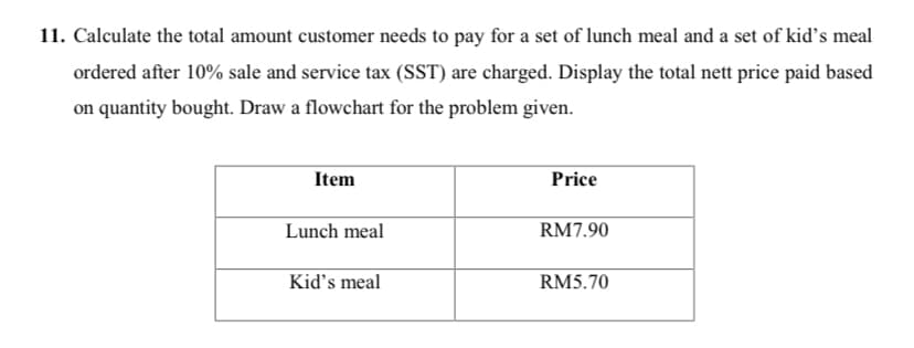 11. Calculate the total amount customer needs to pay for a set of lunch meal and a set of kid's meal
ordered after 10% sale and service tax (SST) are charged. Display the total nett price paid based
on quantity bought. Draw a flowchart for the problem given.
Item
Price
Lunch meal
RM7.90
Kid's meal
RM5.70
