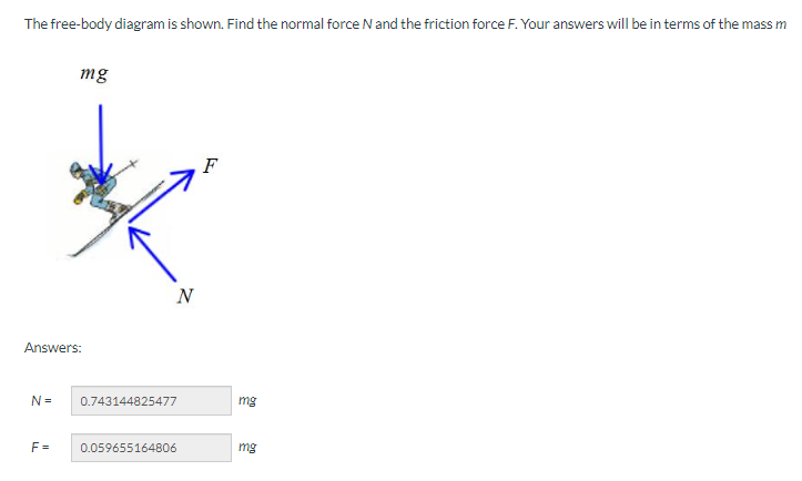 The free-body diagram is shown. Find the normal force N and the friction force F. Your answers will be in terms of the mass m
Answers:
N=
mg
F=
N
0.743144825477
0.059655164806
F
mg
mg