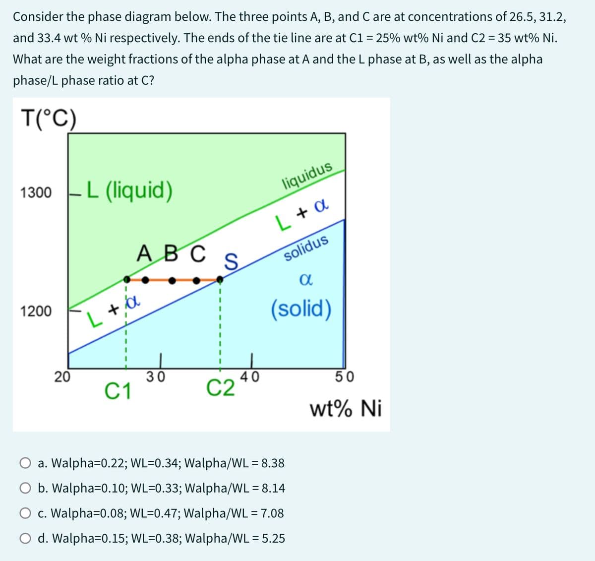 Consider the phase diagram below. The three points A, B, and C are at concentrations of 26.5, 31.2,
and 33.4 wt% Ni respectively. The ends of the tie line are at C1 = 25% wt% Ni and C2 = 35 wt% Ni.
What are the weight fractions of the alpha phase at A and the L phase at B, as well as the alpha
phase/L phase ratio at C?
T(°C)
1300 - L (liquid)
1200
20
ABC
L + a
C1
30
S
C2
liquidus
40
L + a
solidus
α
(solid)
a. Walpha=0.22; WL=0.34; Walpha/WL = 8.38
O b. Walpha=0.10; WL=0.33; Walpha/WL = 8.14
c. Walpha=0.08; WL=0.47; Walpha/WL = 7.08
O d. Walpha=0.15; WL=0.38; Walpha/WL = 5.25
50
wt% Ni