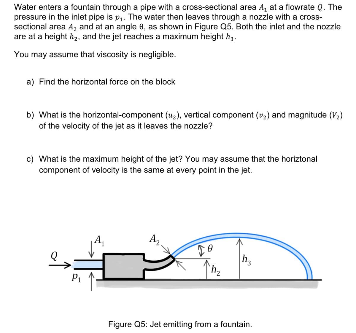 Water enters a fountain through a pipe with a cross-sectional area A₁ at a flowrate Q. The
pressure in the inlet pipe is p₁. The water then leaves through a nozzle with a cross-
sectional area A₂ and at an angle 0, as shown in Figure Q5. Both the inlet and the nozzle
are at a height h₂, and the jet reaches a maximum height h3.
You may assume that viscosity is negligible.
a) Find the horizontal force on the block
b) What is the horizontal-component (u₂), vertical component (v₂) and magnitude (V₂)
of the velocity of the jet as it leaves the nozzle?
c) What is the maximum height of the jet? You may assume that the horiztonal
component of velocity is the same at every point in the jet.
o↑
P₁
A₁
A₂
0
h₂
h3
Figure Q5: Jet emitting from a fountain.