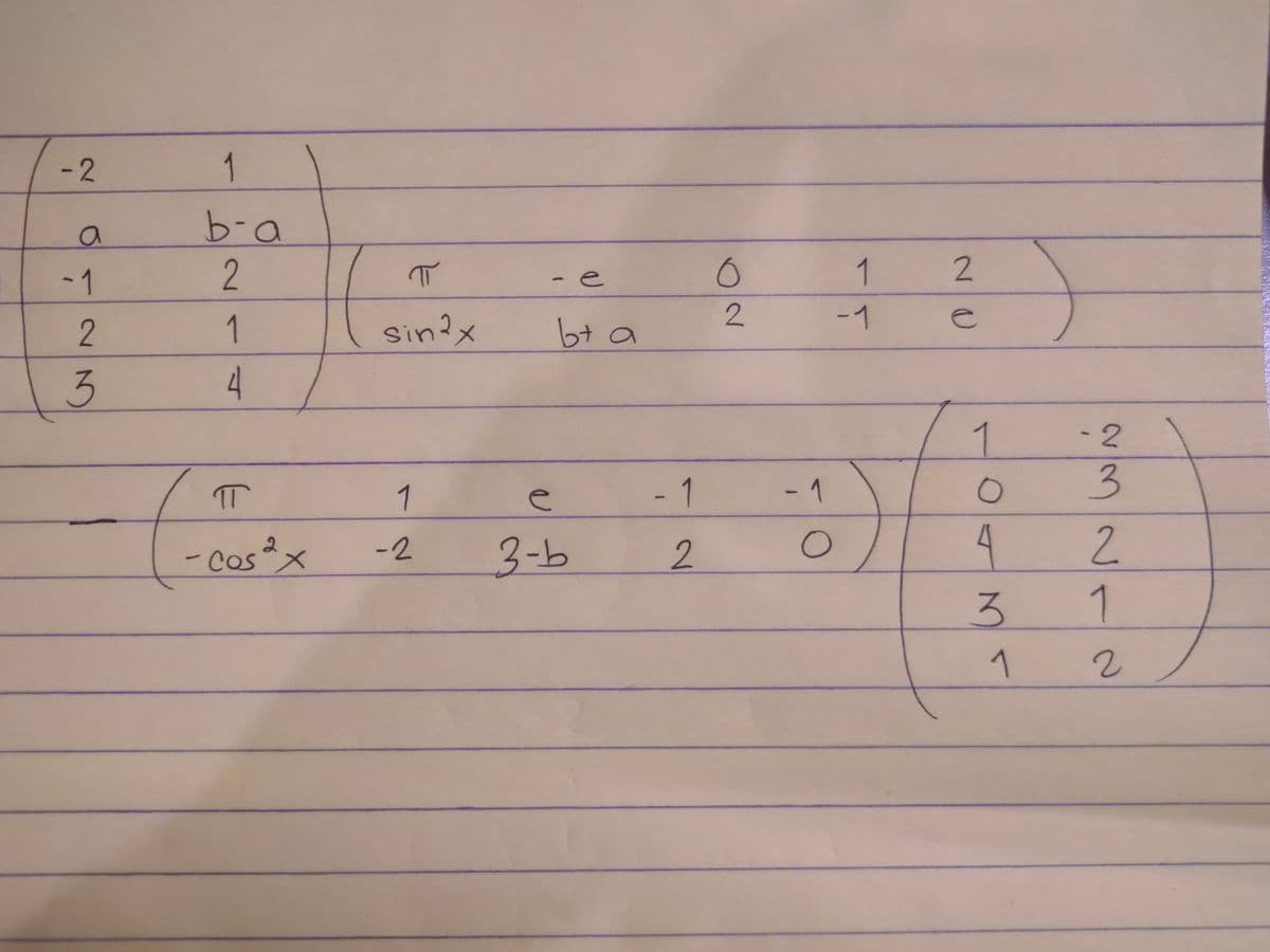 -2
a
-1
2
3
1
b-a
2
1
4
π
-Cos 2 x
π
sin 2x
1
-2
- e
b+ a
e
3-b
-1
2
o
2
- 1
O
1
-1
2
e
1
O
4
3
1
-2
3
2
1
2