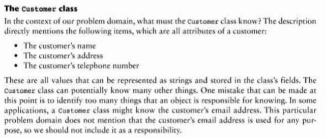 The Customer class
In the context of our problem domain, what must the custoner class know? The description
directly mentions the following items, which are all attributes of a customer:
• The customer's name
• The customer's address
• The customer's telephone number
These are all values that can be represented as strings and stored in the class's fields. The
Customer class can potentially know many other things. One mistake that can be made at
this point is to identify too many things that an object is responsible for knowing. In some
applications, a customer class might know the customer's email address. This particular
problem domain does not mention that the customer's email address is used for any pur-
pose, so we should not include it as a responsibility.
