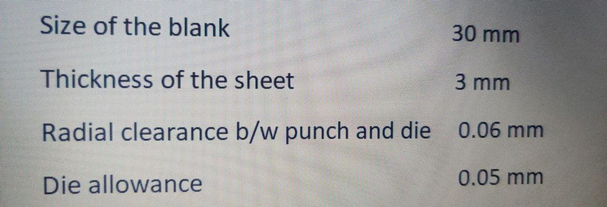 Size of the blank
30 mm
Thickness of the sheet
3 mm
Radial clearance b/w punch and die
0.06 mm
Die allowance
0.05 mm
