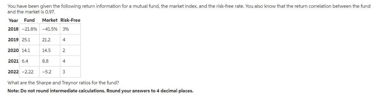 You have been given the following return information for a mutual fund, the market index, and the risk-free rate. You also know that the return correlation between the fund
and the market is 0.97.
Year Fund Market Risk-Free
2018 -21.8% -41.5% 3%
2019 25.1
2020 14.1
2021 6.4
2022 -2.22
21.2
14.5
8.8
4
2
4
-5.2 3
What are the Sharpe and Treynor ratios for the fund?
Note: Do not round intermediate calculations. Round your answers to 4 decimal places.