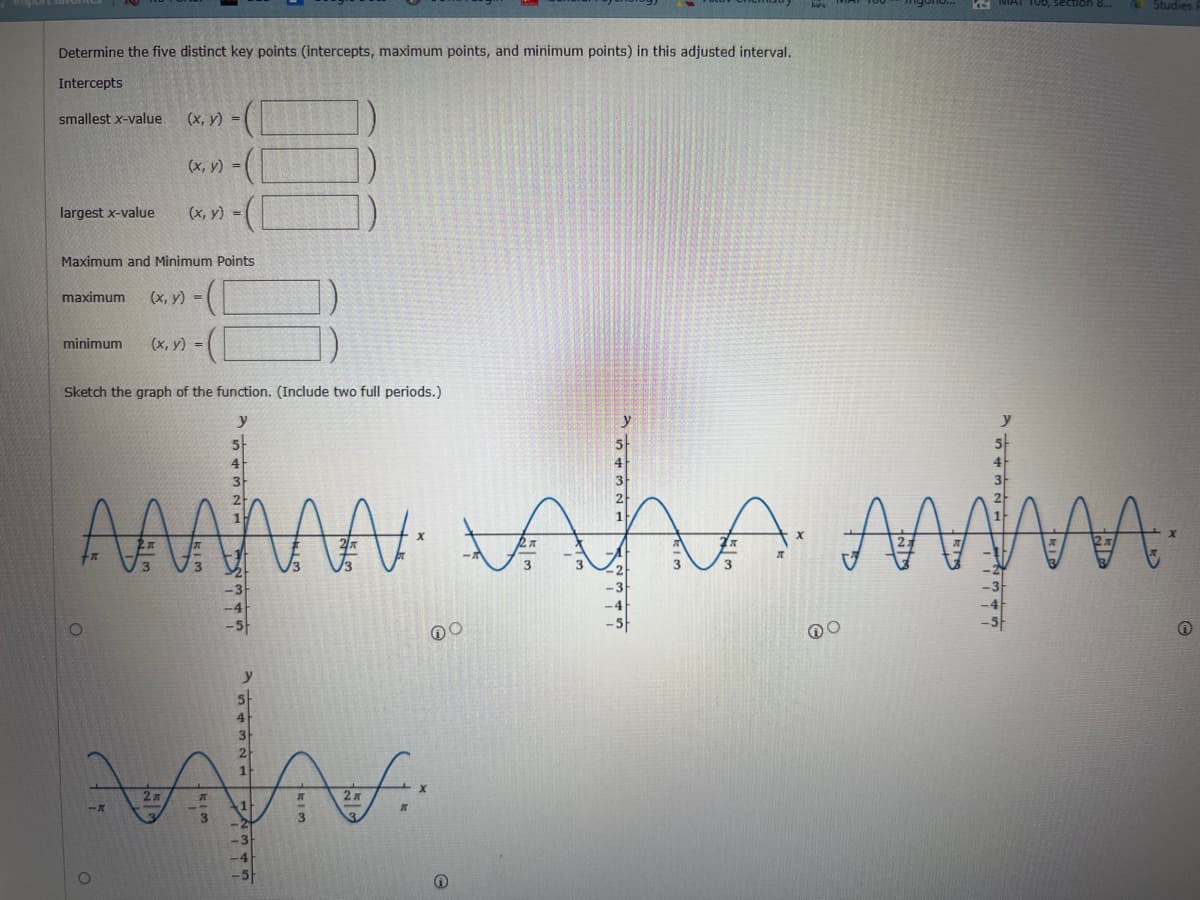 Determine the five distinct key points (intercepts, maximum points, and minimum points) in this adjusted interval.
Intercepts
smallest x-value
largest x-value
(x, y) =
minimum
(x, y) =
(x, y) =
Maximum and Minimum Points
maximum (x, y) =
(x, y) =
Sketch the graph of the function. (Include two full periods.)
y
5
MAMA A
Jud, SEig dee
ਨਵੀ ਵੀਡੀ
A
00
Studies