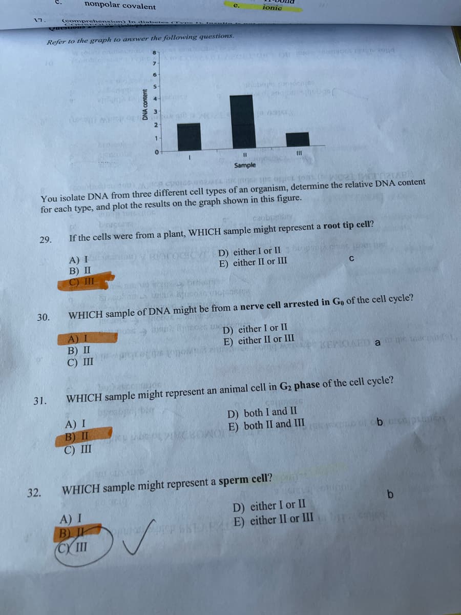 nonpolar covalent
ionic
17
(comprehension) In diabetes CTvn n. ..
Refer to the graph to answer the following questions.
7.
blios
6.
ubo enjee
II
Sample
You isolate DNA from three different cell types of an organism, determine the relative DNA content
for each type, and plot the results on the graph shown in this figure.
caob
29.
If the cells were from a plant, WHICH sample might represent a root tip cell?
А) I
В) П
C) III
D) either I or II
E) either II or III
C
30.
WHICH sample of DNA might be from a nerve cell arrested in Go of the cell cycle?
A) I
B) П
C) III
D) either I or II
E) either II or III
31.
WHICH sample might represent an animal cell in G2 phase of the cell cycle?
A) I
B) II
С) I
D) both I and II
E) both II and III
32.
WHICH sample might represent a sperm cell?
A) I
B)
D) either I or II
PE) either II or III
CY III
