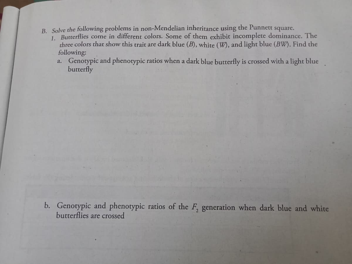 B. Solve the following problems in non-Mendelian inheritance using the Punnett square.
1. Butterflies come in different colors. Some of them exhibit incomplete dominance. The
three colors that show this trait are dark blue (B), white (W), and light blue (BW). Find the
following:
a. Genotypic and phenotypic ratios when a dark blue butterfly is crossed with a light blue
butterfly
b. Genotypic and phenotypic ratios of the F, generation when dark blue and white
butterflies are crossed

