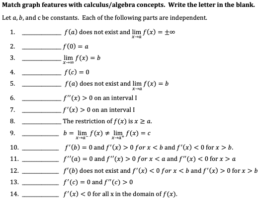 Match graph features with calculus/algebra concepts. Write the letter in the blank.
Let a, b, and c be constants. Each of the following parts are independent.
1.
f(a) does not exist and lim f(x) = to
x-a
2.
f(0) = a
3.
lim f(x) = b
4.
f(c) = 0
5.
f(a) does not exist and lim f(x) = b
6.
f"(x) > 0 on an interval I
f'(x) > 0 on an interval I
The restriction of f (x) is x 2 a.
7.
8.
b = lim f(x) # lim f(x) = c
X-a
9.
f'(b) = 0 and f'(x) > 0 for x < b and f'(x) < 0 for x > b.
10.
11.
f"(a) = 0 and f"(x) > 0 for x < a and f"(x) < 0 for x > a
f'(b) does not exist and f'(x) < 0 for x < b and f'(x) > O for x > b
f'(c) = 0 and f"(c) > 0
f'(x) < O for all x in the domain of f(x).
12.
13.
14.
