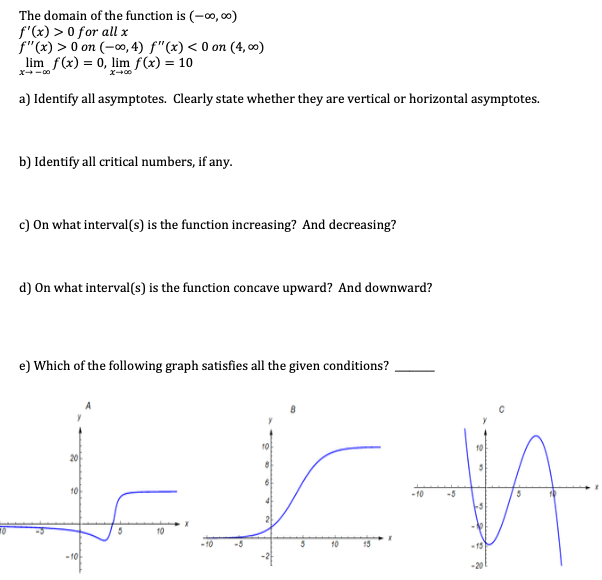 The domain of the function is (-0, 00)
f'(x) > 0 for all x
f"(x) > 0 on (-o, 4) f"(x) < 0 on (4, 00)
lim f(x) = 0, lim f(x) = 10
a) Identify all asymptotes. Clearly state whether they are vertical or horizontal asymptotes.
b) Identify all critical numbers, if any.
c) On what interval(s) is the function increasing? And decreasing?
d) On what interval(s) is the function concave upward? And downward?
e) Which of the following graph satisfies all the given conditions?
10
10
20
10
-10
-5
21
-10
10
15
-10
-20
