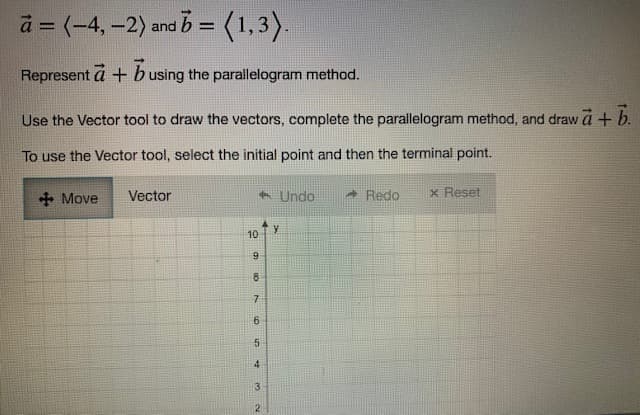 a = (-4,-2) and b = (1,3).
Represent a + b using the parallelogram method.
Use the Vector tool to draw the vectors, complete the parallelogram method, and draw a + b.
To use the Vector tool, select the initial point and then the terminal point.
+Move
Vector
Undo - Redo x Reset
y
10
9
00
7
6
10
4