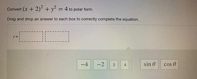 Convert (x + 2)² + y² = 4 to polar form.
Drag and drop an answer to each box to correctly complete the equation.
rei
][
-4
-2
2
4
sin 0
cos (