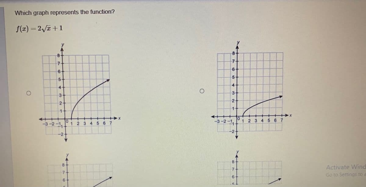 Which graph represents the function?
f(r) = 2/I +1
8
7-
7-
6
6
4.
4-
3
3-
2-
2
1-
1.
x
10
123
456 7
-3-2-1,
123 4 5 67
-3-2-1
8
8
Activate Wind
Go to Settings to a
6.
