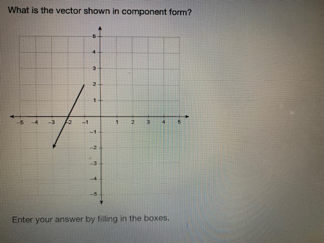 What is the vector shown in component form?
5
4
-5 -4 -3 -2 -1
3
4
5
-1
-2
-3
-4
-5
Enter your answer by filling in the boxes.
3
2
1
1
2
-10