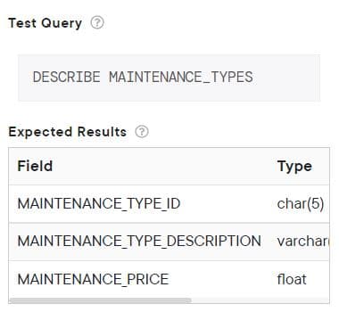 Test Query >
DESCRIBE MAINTENANCE_TYPES
Expected Results
Field
MAINTENANCE_TYPE_ID
MAINTENANCE_TYPE_DESCRIPTION
MAINTENANCE_PRICE
Type
char(5)
varchar
float