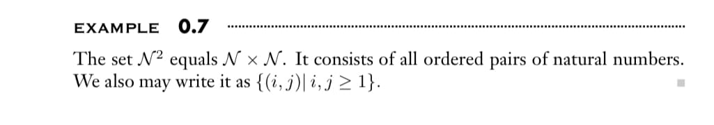 EXAMPLE 0.7
The set N² equals Nx N. It consists of all ordered pairs of natural numbers.
We also may write it as {(i, j)|i, j ≥ 1}.