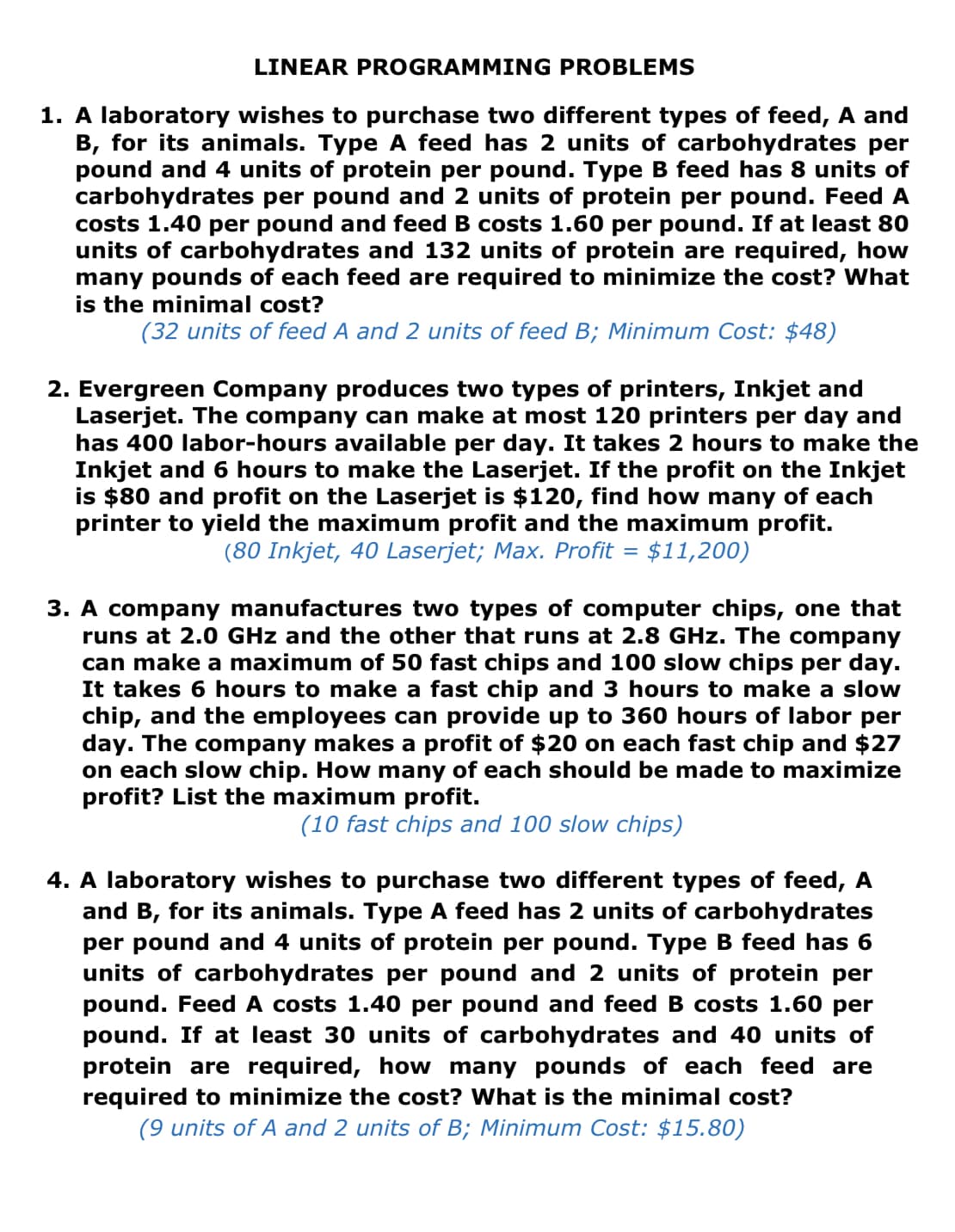 LINEAR PROGRAMMING PROBLEMS
1. A laboratory wishes to purchase two different types of feed, A and
B, for its animals. Type A feed has 2 units of carbohydrates per
pound and 4 units of protein per pound. Type B feed has 8 units of
carbohydrates per pound and 2 units of protein per pound. Feed A
costs 1.40 per pound and feed B costs 1.60 per pound. If at least 80
units of carbohydrates and 132 units of protein are required, how
many pounds of each feed are required to minimize the cost? What
is the minimal cost?
(32 units of feed A and 2 units of feed B; Minimum Cost: $48)
2. Evergreen Company produces two types of printers, Inkjet and
Laserjet. The company can make at most 120 printers per day and
has 400 labor-hours available per day. It takes 2 hours to make the
Inkjet and 6 hours to make the Laserjet. If the profit on the Inkjet
is $80 and profit on the Laserjet is $120, find how many of each
printer to yield the maximum profit and the maximum profit.
(80 Inkjet, 40 Laserjet; Max. Profit $11,200)
=
3. A company manufactures two types of computer chips, one that
runs at 2.0 GHz and the other that runs at 2.8 GHz. The company
can make a maximum of 50 fast chips and 100 slow chips per day.
It takes 6 hours to make a fast chip and 3 hours to make a slow
chip, and the employees can provide up to 360 hours of labor per
day. The company makes a profit of $20 on each fast chip and $27
on each slow chip. How many of each should be made to maximize
profit? List the maximum profit.
(10 fast chips and 100 slow chips)
4. A laboratory wishes to purchase two different types of feed, A
and B, for its animals. Type A feed has 2 units of carbohydrates
per pound and 4 units of protein per pound. Type B feed has 6
units of carbohydrates per pound and 2 units of protein per
pound. Feed A costs 1.40 per pound and feed B costs 1.60 per
pound. If at least 30 units of carbohydrates and 40 units of
protein are required, how many pounds of each feed are
required to minimize the cost? What is the minimal cost?
(9 units of A and 2 units of B; Minimum Cost: $15.80)