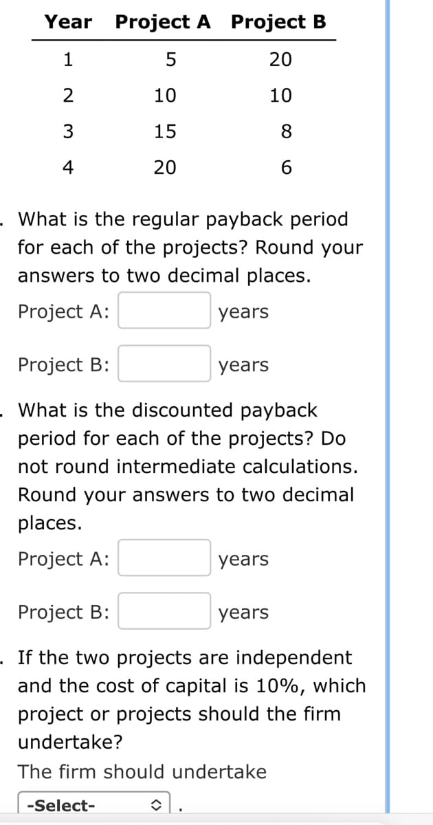 Year Project A Project B
1
20
2
10
3
8
4
6
10
15
20
What is the regular payback period
for each of the projects? Round your
answers to two decimal places.
Project A:
Project B:
. What is the discounted payback
period for each of the projects? Do
not round intermediate calculations.
Round your answers to two decimal
places.
Project A:
-Select-
years
î
years
Project B:
If the two projects are independent
and the cost of capital is 10%, which
project or projects should the firm
undertake?
The firm should undertake
years
years