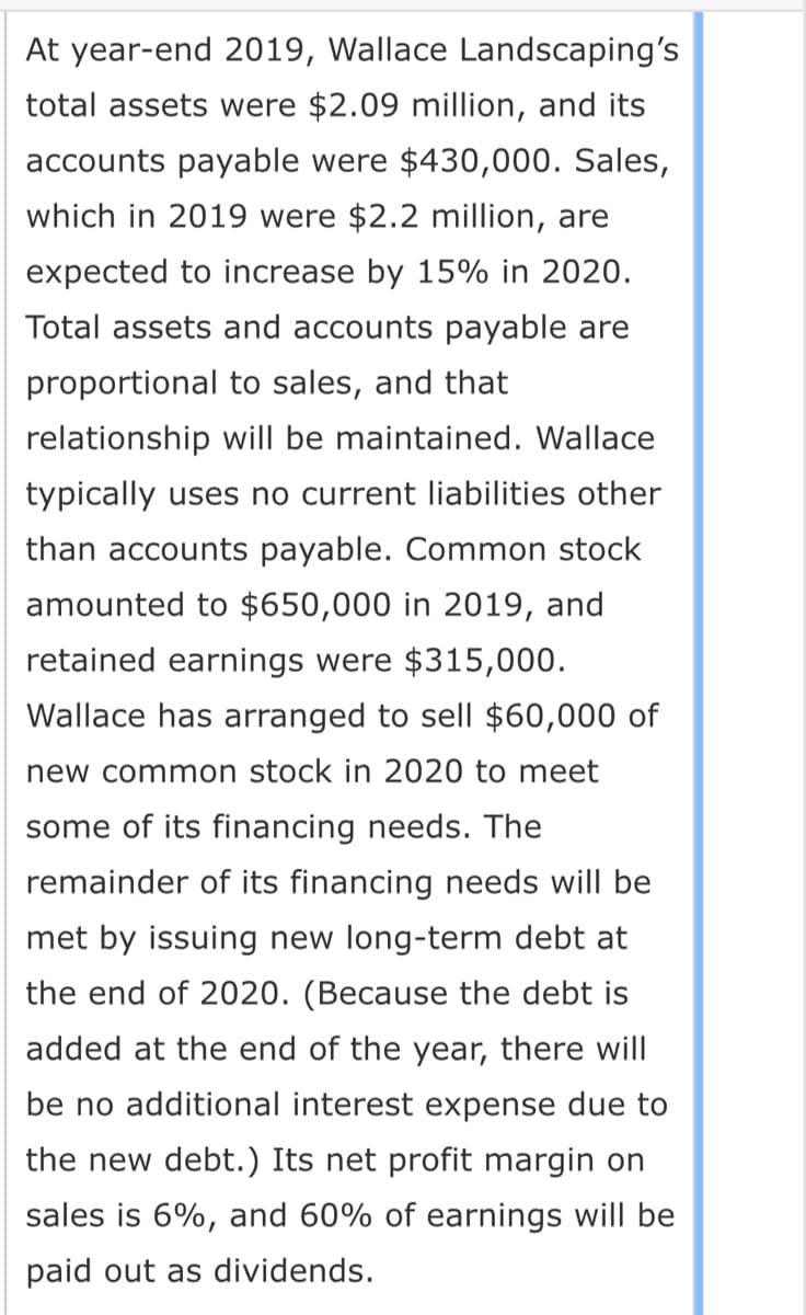 At year-end 2019, Wallace Landscaping's
total assets were $2.09 million, and its
accounts payable were $430,000. Sales,
which in 2019 were $2.2 million, are
expected to increase by 15% in 2020.
Total assets and accounts payable are
proportional to sales, and that
relationship will be maintained. Wallace
typically uses no current liabilities other
than accounts payable. Common stock
amounted to $650,000 in 2019, and
retained earnings were $315,000.
Wallace has arranged to sell $60,000 of
new common stock in 2020 to meet
some of its financing needs. The
remainder of its financing needs will be
met by issuing new long-term debt at
the end of 2020. (Because the debt is
added at the end of the year, there will
be no additional interest expense due to
the new debt.) Its net profit margin on
sales is 6%, and 60% of earnings will be
paid out as dividends.