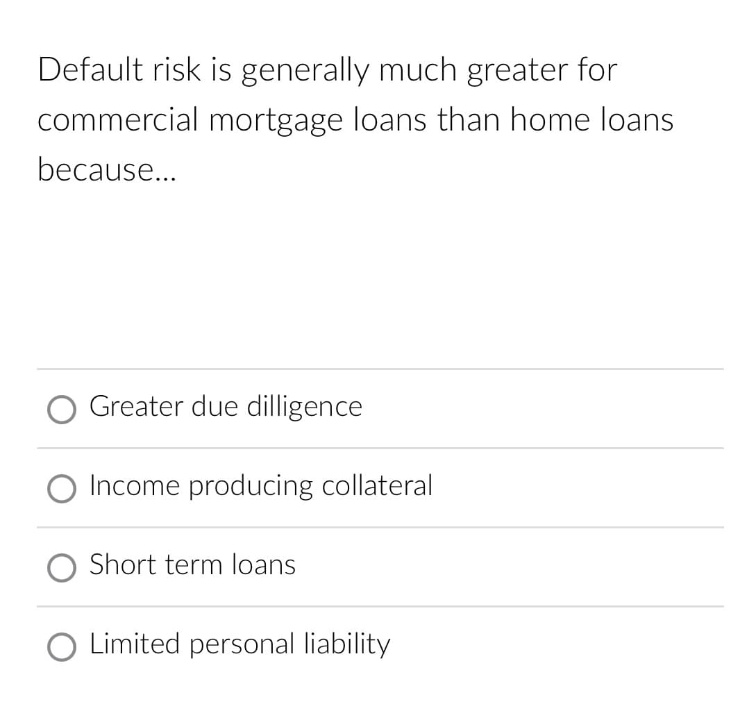 Default risk is generally much greater for
commercial mortgage loans than home loans
because...
Greater due dilligence
O Income producing collateral
O Short term loans
O Limited personal liability
