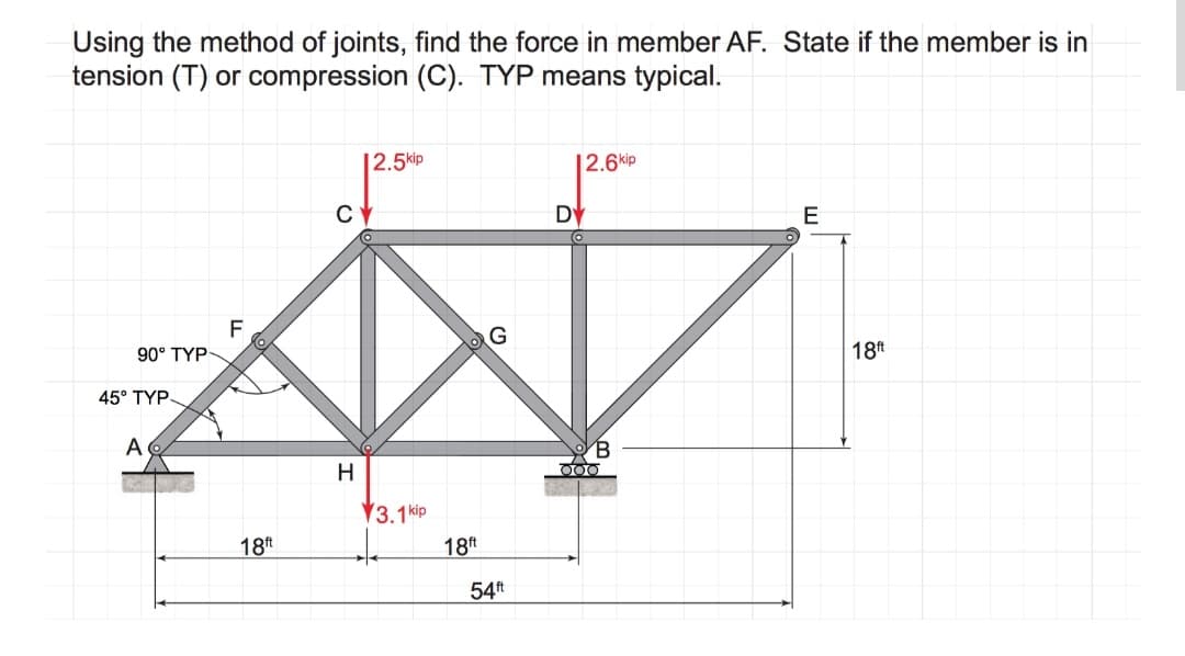 Using the method of joints, find the force in member AF. State if the member is in
tension (T) or compression (C). TYP means typical.
90° TYP
45° TYP-
A
F
18ft
C
H
2.5kip
3.1 kip
18ft
G
54ft
12.6kip
DY
B
E
18ft