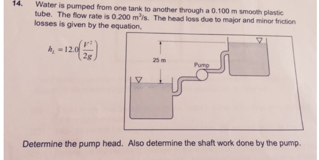 14.
Water is pumped from one tank to another through a 0.100 m smooth plastic
tube. The flow rate is 0.200 m³/s. The head loss due to major and minor friction
losses is given by the equation,
h₁ = 12.0
2g
V
25 m
Pump
Determine the pump head. Also determine the shaft work done by the pump.