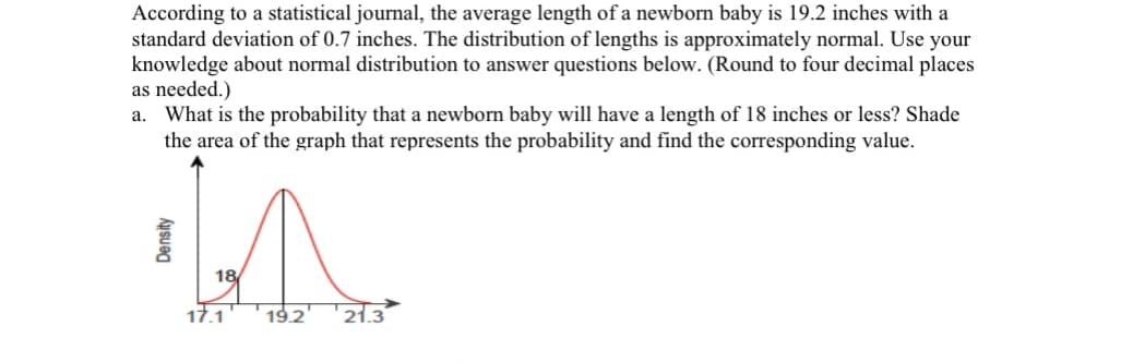 According to a statistical journal, the average length of a newborn baby is 19.2 inches with a
standard deviation of 0.7 inches. The distribution of lengths is approximately normal. Use your
knowledge about normal distribution to answer questions below. (Round to four decimal places
as needed.)
a. What is the probability that a newborn baby will have a length of 18 inches or less? Shade
the area of the graph that represents the probability and find the corresponding value.
Density
18/
17.1 19.2