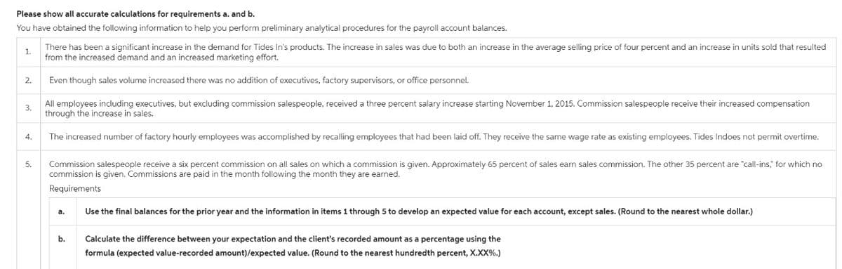 Please show all accurate calculations for requirements a. and b.
You have obtained the following information to help you perform preliminary analytical procedures for the payroll account balances.
1.
There has been a significant increase in the demand for Tides In's products. The increase in sales was due to both an increase in the average selling price of four percent and an increase in units sold that resulted
from the increased demand and an increased marketing effort.
2.
Even though sales volume increased there was no addition of executives, factory supervisors, or office personnel.
3.
4.
5.
All employees including executives, but excluding commission salespeople, received a three percent salary increase starting November 1, 2015. Commission salespeople receive their increased compensation
through the increase in sales.
The increased number of factory hourly employees was accomplished by recalling employees that had been laid off. They receive the same wage rate as existing employees. Tides Indoes not permit overtime.
Commission salespeople receive a six percent commission on all sales on which a commission is given. Approximately 65 percent of sales earn sales commission. The other 35 percent are "call-ins," for which no
commission is given. Commissions are paid in the month following the month they are earned.
Requirements
Use the final balances for the prior year and the information in items 1 through 5 to develop an expected value for each account, except sales. (Round to the nearest whole dollar.)
b.
Calculate the difference between your expectation and the client's recorded amount as a percentage using the
formula (expected value-recorded amount)/expected value. (Round to the nearest hundredth percent, X.XX%.)