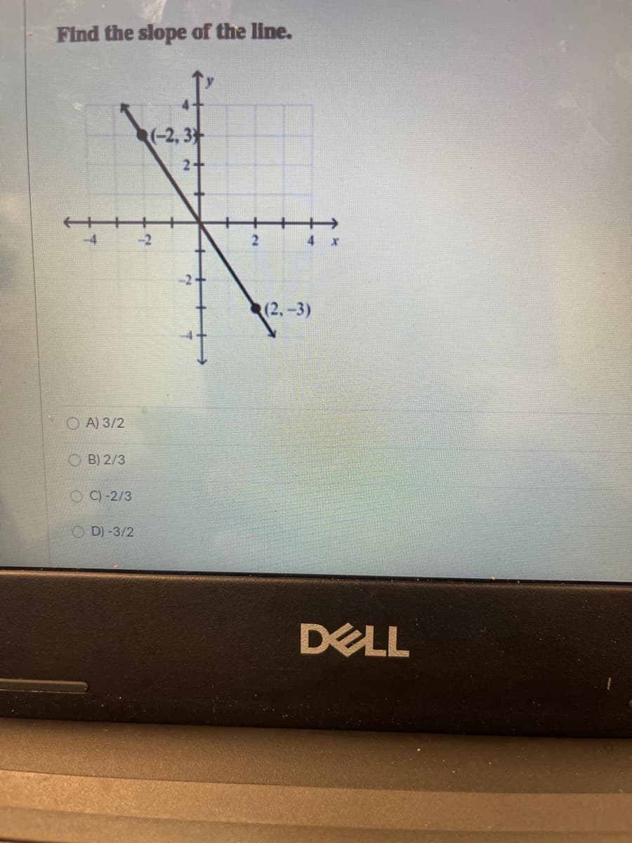 Find the slope of the line.
(-2, 3
+++
-4
-2
(2,-3)
O A) 3/2
O B) 2/3
O C) -2/3
O D) -3/2
DELL
