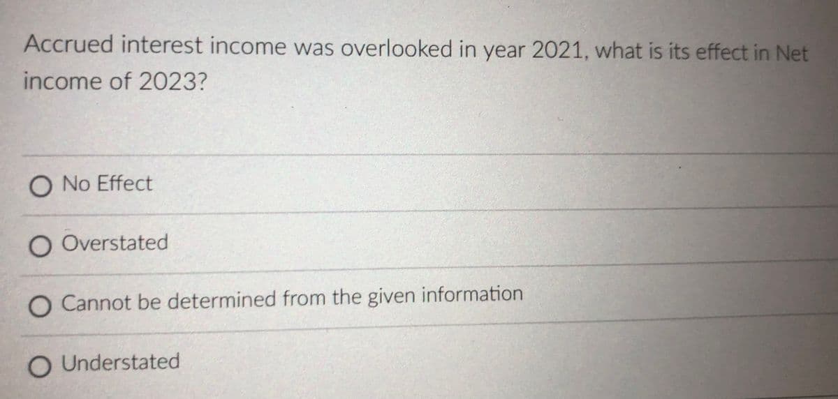 Accrued interest income was overlooked in year 2021, what is its effect in Net
income of 2023?
O No Effect
O Overstated
Cannot be determined from the given information
O Understated
