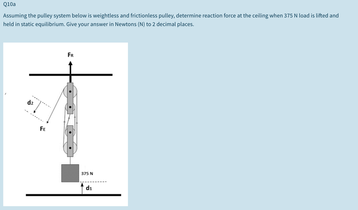 Q10a
Assuming the pulley system below is weightless and frictionless pulley, determine reaction force at the ceiling when 375 N load is lifted and
held in static equilibrium. Give your answer in Newtons (N) to 2 decimal places.
FR
d2
FE
375 N
d1
