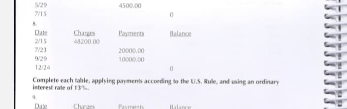 5/29
4500.00
7/15
8.
Date
Charges
Payments
Balance
2/15
48200.00
7/23
20000.00
9/29
10000.00
12/24
Complete each table, applying payments according to the U.S. Rule, and using an ordinary
interest rate of 13%.
9.
Date
Charges
Payments
Balance
