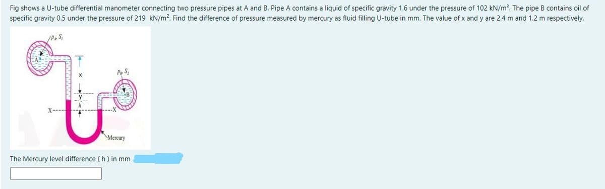 Fig shows a U-tube differential manometer connecting two pressure pipes at A and B. Pipe A contains a liquid of specific gravity 1.6 under the pressure of 102 kN/m². The pipe B contains oil of
specific gravity 0.5 under the pressure of 219 kN/m². Find the difference of pressure measured by mercury as fluid filling U-tube in mm. The value of x and y are 2.4 m and 1.2 m respectively.
/PS,
Pa S₂
B
Mercury
The Mercury level difference (h) in mm