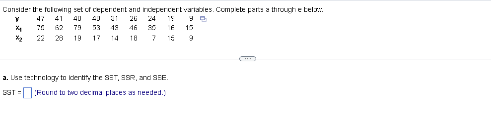 Consider
y
X₁
X2
the following set of dependent and independent variables. Complete parts a through e below.
47 41 40 40 31 26
9 D
79 53 43 46 35
19
7
17 14 18
旧 7 75 22
62
28
24 19
16 15
15
9
a. Use technology to identify the SST, SSR, and SSE.
SST = (Round to two decimal places as needed.)
C