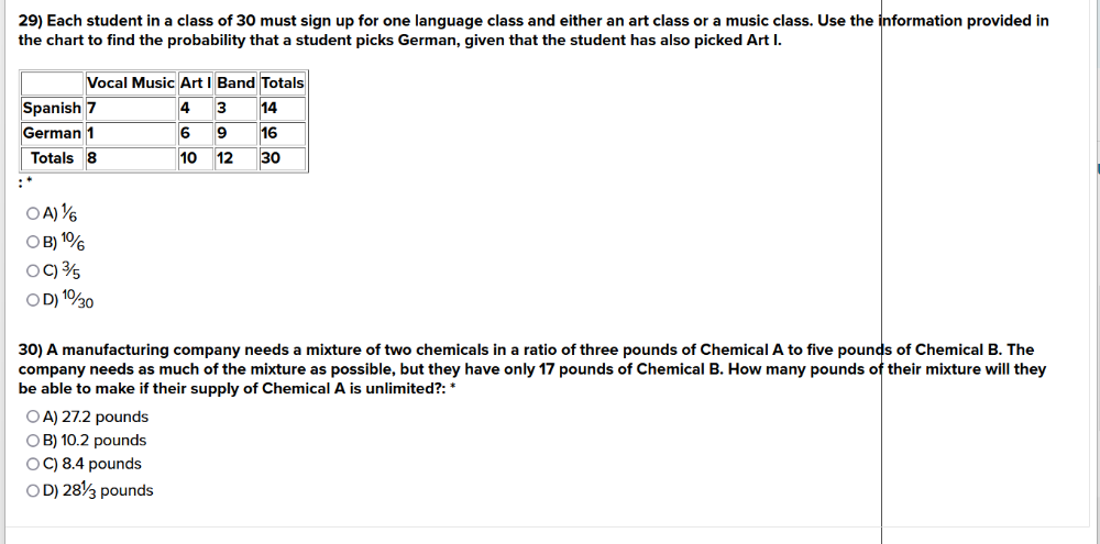 29) Each student in a class of 30 must sign up for one language class and either an art class or a music class. Use the information provided in
the chart to find the probability that a student picks German, given that the student has also picked Art I.
Vocal Music Art I Band Totals
4 3
6
10 12
Spanish 7
German 1
Totals 8
:*
OA) 1
OB) 10
OC) 35
OD) 10/30
14
16
30
30) A manufacturing company needs a mixture of two chemicals in a ratio of three pounds of Chemical A to five pounds of Chemical B. The
company needs as much of the mixture as possible, but they have only 17 pounds of Chemical B. How many pounds of their mixture will they
be able to make if their supply of Chemical A is unlimited?: *
OA) 27.2 pounds
OB) 10.2 pounds
OC) 8.4 pounds
OD) 2813 pounds