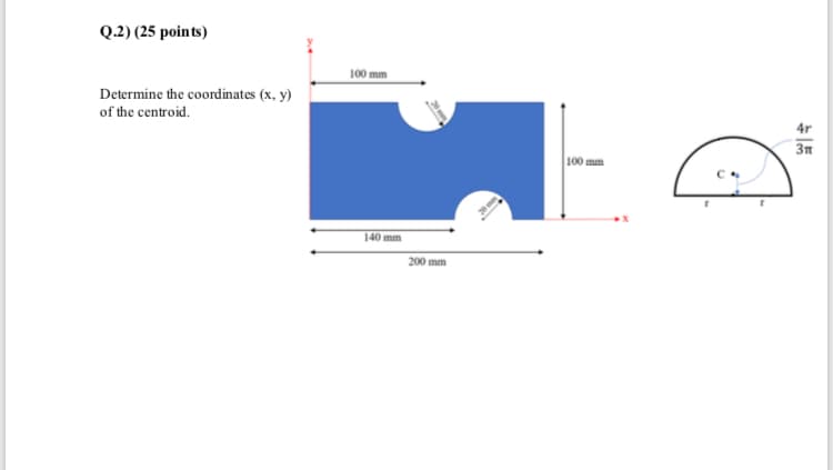 Q.2) (25 points)
100 mm
Determine the coordinates (x, y)
of the centroid.
4r
3n
100 mm
140 mm
200 mm
