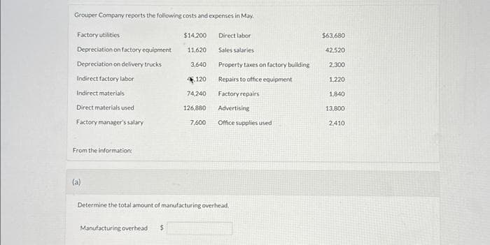 Grouper Company reports the following costs and expenses in May.
Factory utilities
Depreciation on factory equipment
Depreciation on delivery trucks
Indirect factory labor
Indirect materials
Direct materials used
Factory manager's salary
From the information:
(a)
$14,200
11,620
3,640
4.120
74,240
126,880
7,600
Manufacturing overhead $
Direct labor
Sales salaries
Property taxes on factory building
Repairs to office equipment
Factory repairs
Advertising
Office supplies used
Determine the total amount of manufacturing overhead.
$63,680
42.520
2,300
1,220
1.840
13,800
2,410