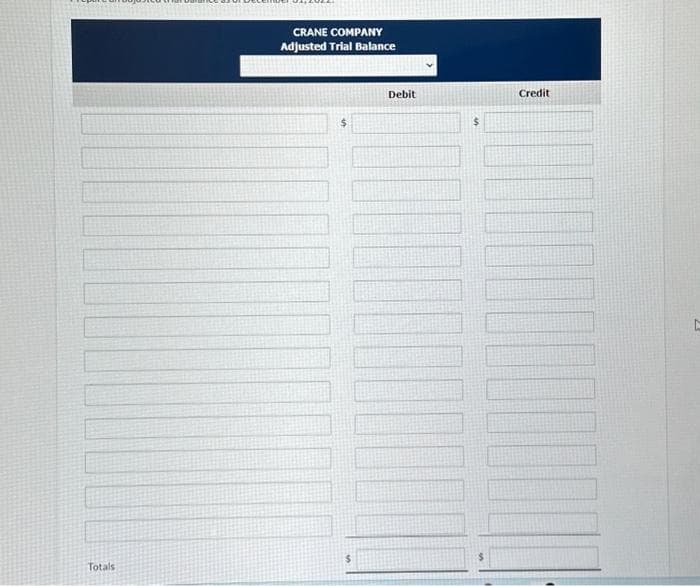 Totals
CRANE COMPANY
Adjusted Trial Balance
$
$
Debit
¶¯¯¯
Credit
L