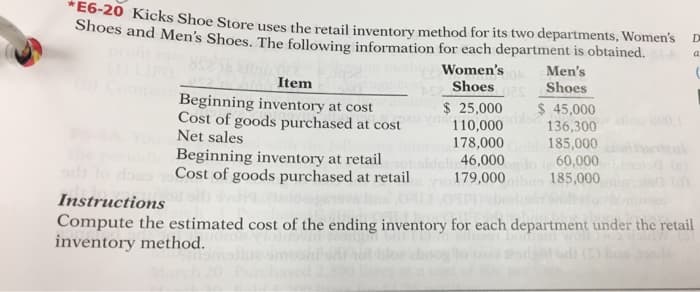 *E6-20 Kicks Shoe Store uses the retail inventory method for its two departments, Women's
Shoes and Men's Shoes. The following information for each department is obtained.
Women's
Item
Beginning inventory at cost
Cost of goods purchased at cost au vand
Net sales
Beginning inventory at retail
to dos Cost of goods purchased at retail
Shoes 20
$ 25,000
110,000
178,000
46,000
179,000
oog
Men's
Shoes
$ 45,000
136,300
185,000
60,000
185,000
(d)
D
a
Instructions
Compute the estimated cost of the ending inventory for each department under the retail
inventory method.