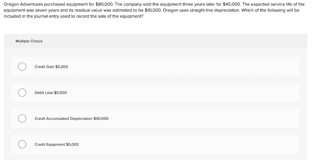 Oregon Adventures purchased equipment for $80,000. The company sold the equipment three years later for $45,000. The expected service life of the
equipment was seven years and its residual value was estimated to be $10,000. Oregon uses straight-line depreciation. Which of the following will be
included in the journal entry used to record the sale of the equipment?
Multiple Choice
Credit Gain $5,000
Debit Loss $5,000
Credit Accumulated Depreciation $40,000
Credit Equipment $5,000