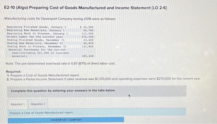 E2-10 (Algo) Preparing Cost of Goods Manufactured and Income Statement [LO 2-6]
Manufacturing costs for Davenport Company during 2018 were as follows:
$25,300
36,700
111,500
276,500
Beginning Finished Goods, January 1
Beginning Raw Materials, January 1
Beginning Work in Process, January
Direct Labor for the current year
Ending Finished Goods, December 31
Ending Raw Materials, December 31
Ending Work in Process, December 31
Material Purchases for the current
year(including $21,000 of indirect
material)
305,400
Note: The pre-determined overhead rate is 0.87 (87%) of direct labor cost.
Required:
1. Prepare a Cost of Goods Manufactured report.
2. Prepare a Partial Income Statement if sales revenue was $1,370,000 and operating expenses were $270,000 for the current year.
Complete this question by entering your answers in the tabs below.
Required 1 Required 2
23,600
40,850
121,800
Prepare a Cost of Goods Manufactured report.
DAVENPORT COMPANY