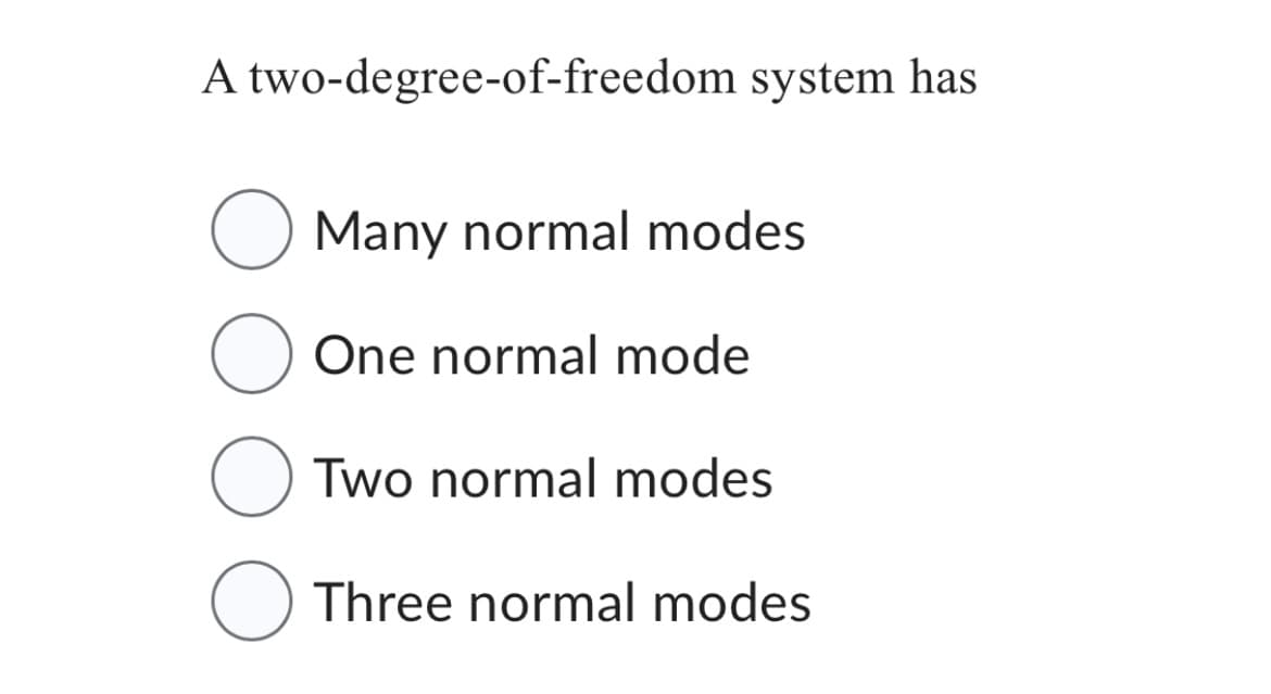 A two-degree-of-freedom system has
O Many normal modes
One normal mode
O
O
Two normal modes
Three normal modes