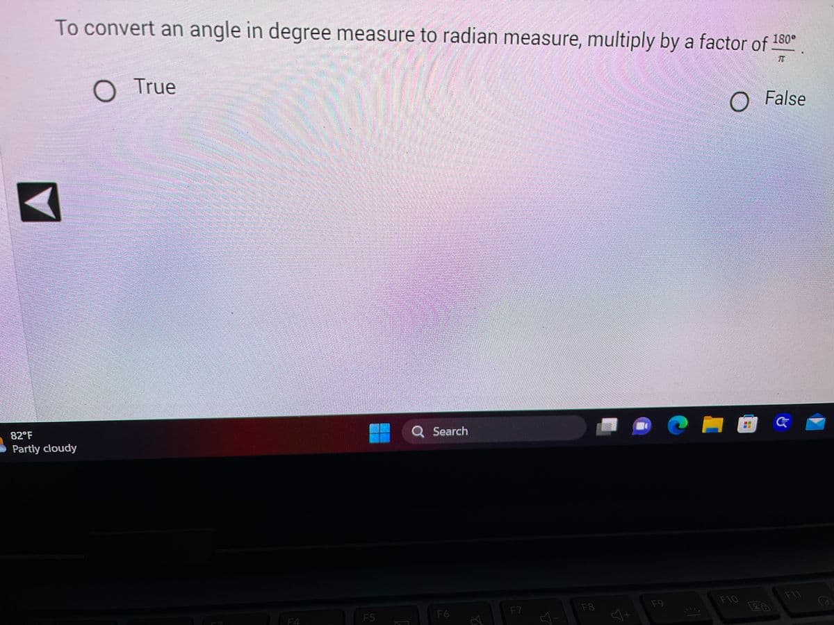 ### Conversion of Angles: Degrees to Radians

**Question**: To convert an angle in degree measure to radian measure, multiply by a factor of \( \frac{180^\circ}{\pi} \).

**Options**:
- True
- False

---

### Explanation:

**Context**: When converting an angle from degrees to radians, it is important to use the correct conversion factor. 

**Correct Method**:
The correct factor for converting degrees to radians is \( \frac{\pi}{180^\circ} \).

**Example**:
To convert 45 degrees to radians:
\[
45^\circ \times \frac{\pi}{180^\circ} = \frac{45\pi}{180} = \frac{\pi}{4}
\]

Therefore, the given statement ("To convert an angle in degree measure to radian measure, multiply by a factor of \( \frac{180^\circ}{\pi} \)") is **False**.

### Note:

On the educational page interface, users have a choice to select either “True” or “False” by clicking on the corresponding radio button next to these options.